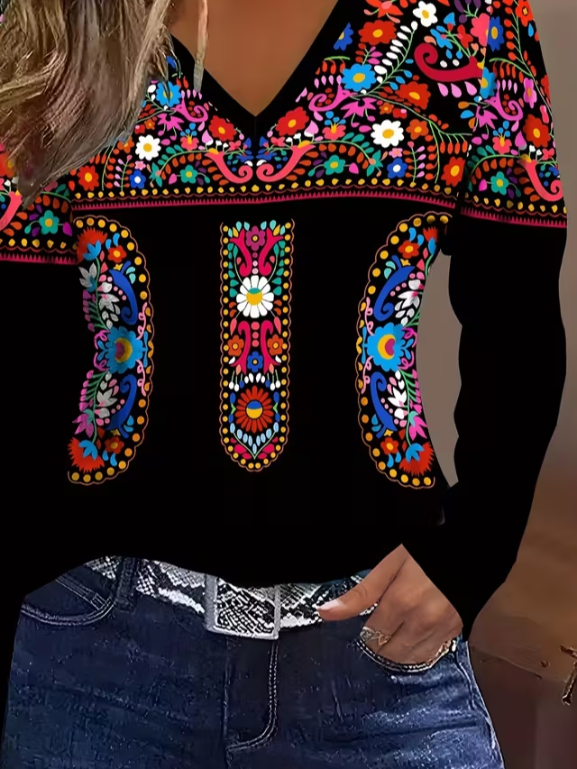 Women Floral Long Sleeve Tee T-shirt V Neck Printing Casual Spring/Fall Graphic Tee Top