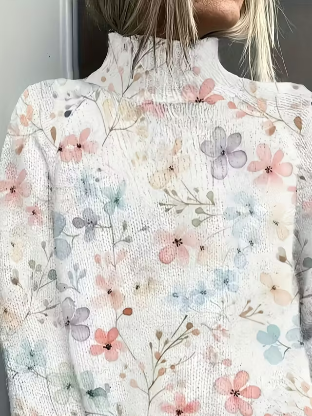 Women Floral Printing Spring/Fall Vintage Long Sleeve Turtleneck Sweater