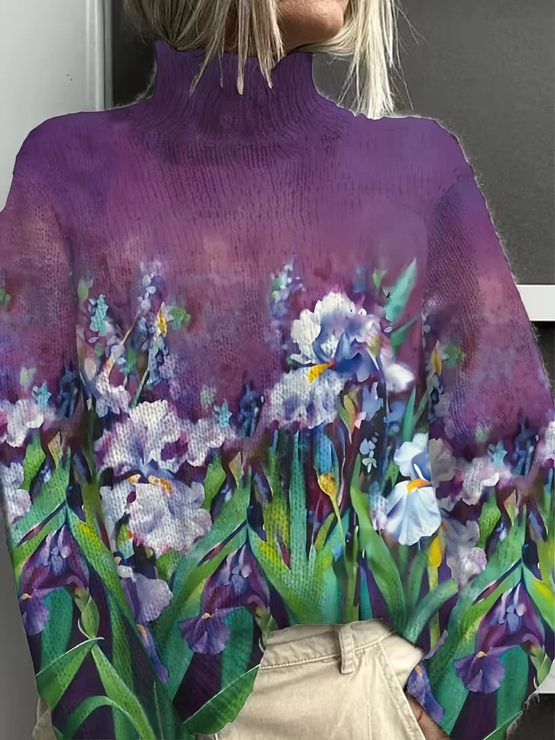 Women Floral Printing Spring/Fall Vintage Long Sleeve Turtleneck Sweater