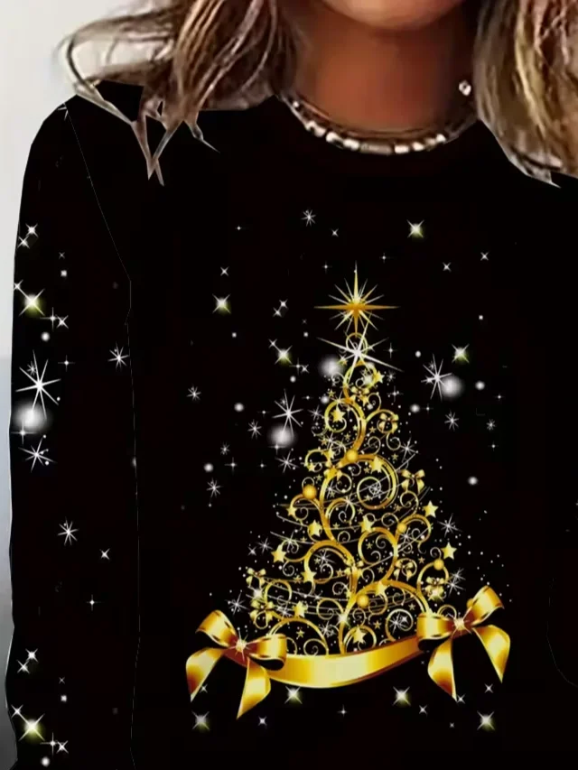 Women Christmas Long Sleeve Tee T-shirt Crew Neck Printing Casual Spring/Fall Graphic Tee Top