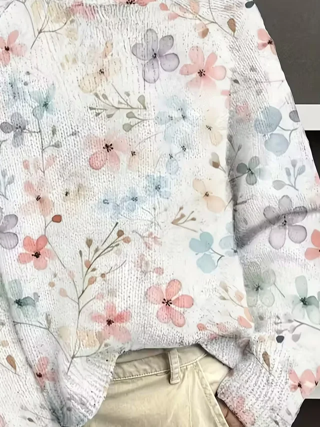 Women Floral Printing Spring/Fall Vintage Long Sleeve Turtleneck Sweater