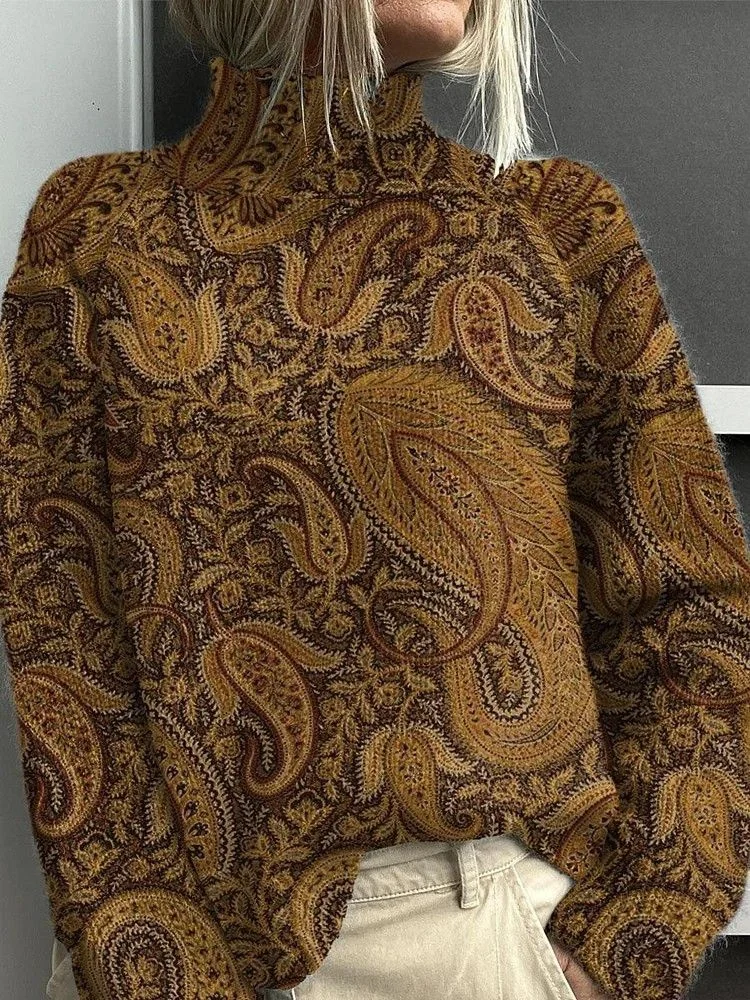 Women Floral Printing Spring/Fall Vintage Long Sleeve Turtleneck Sweater