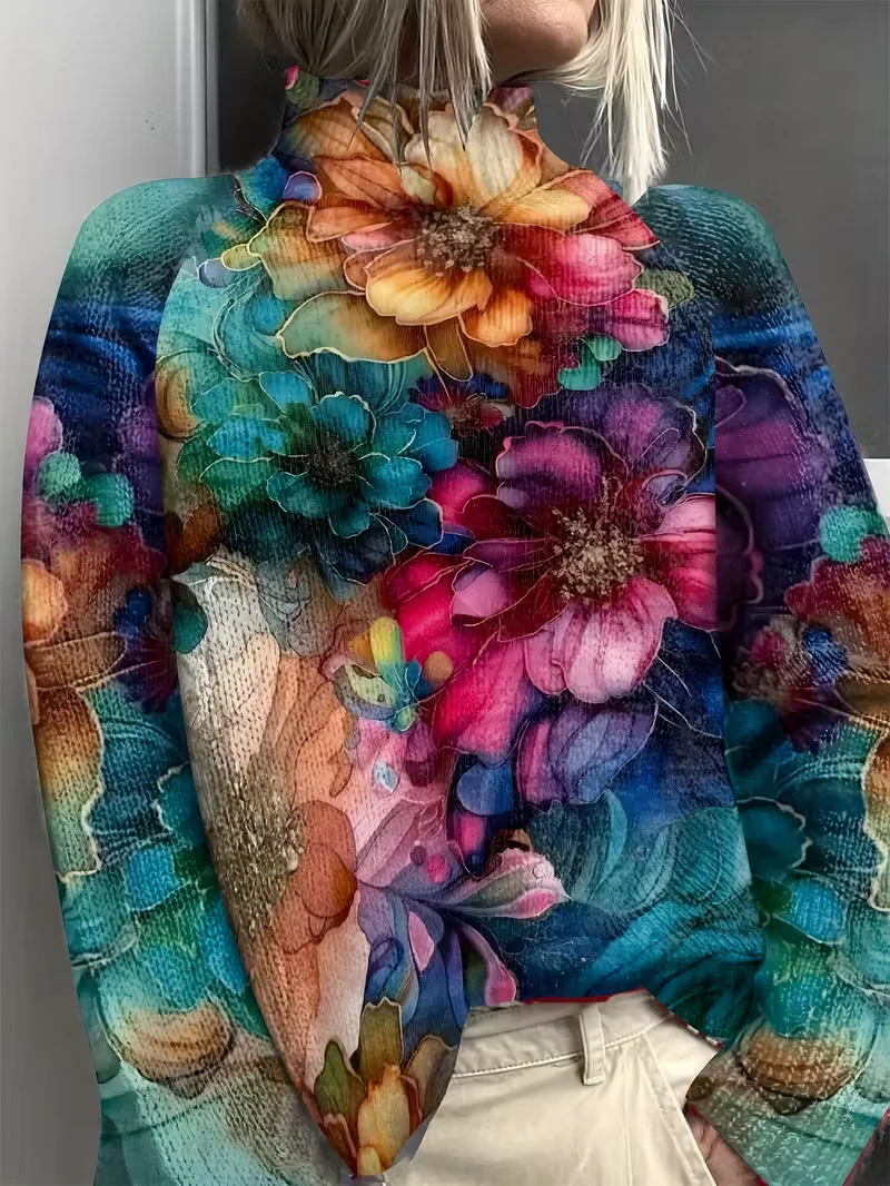 Women Floral Printing Spring/Fall Vintage Long Sleeve Turtleneck Sweater