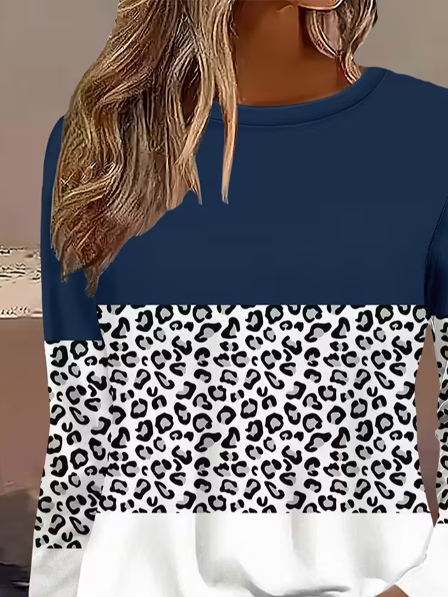 Women Leopard Long Sleeve Tee T-shirt Crew Neck Printing Casual Spring/Fall Graphic Tee Top