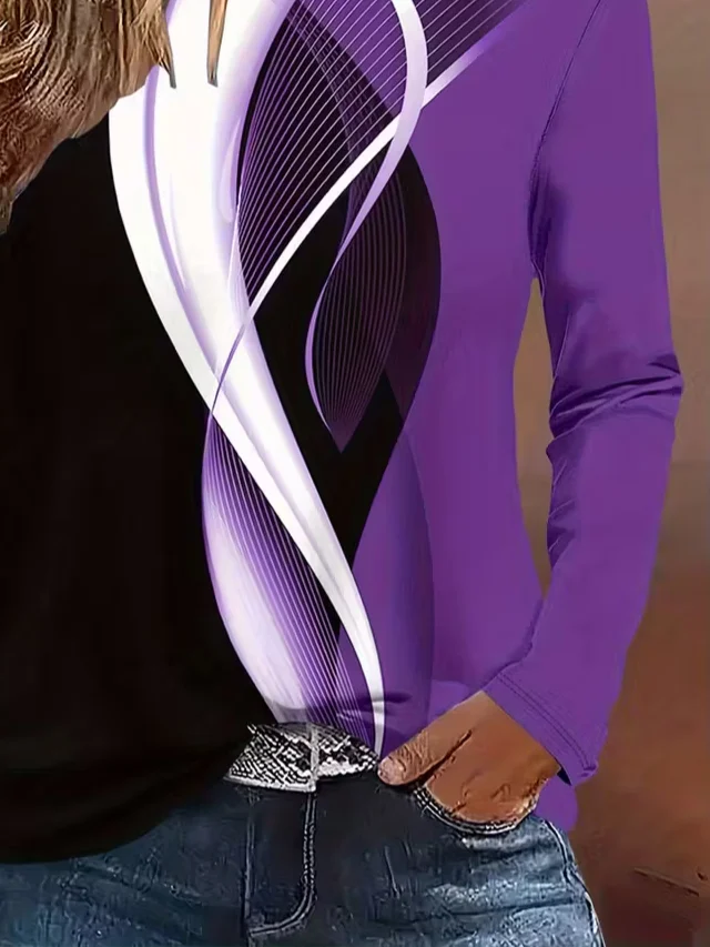 Women Abstract Long Sleeve Tee T-shirt Crew Neck Printing Casual Spring/Fall Graphic Tee Top