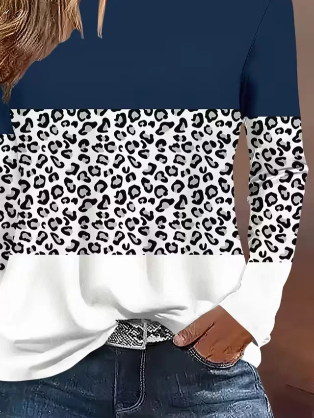 Women Leopard Long Sleeve Tee T-shirt Crew Neck Printing Casual Spring/Fall Graphic Tee Top