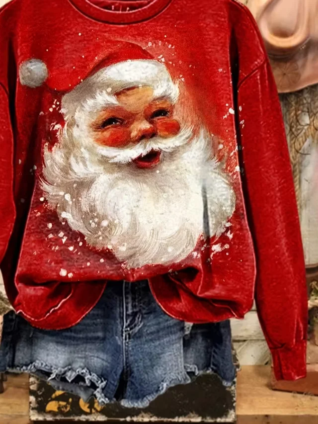 Women Santa Claus Crew Neck Printing Casual Spring/Fall Long Sleeve Sweatshirt