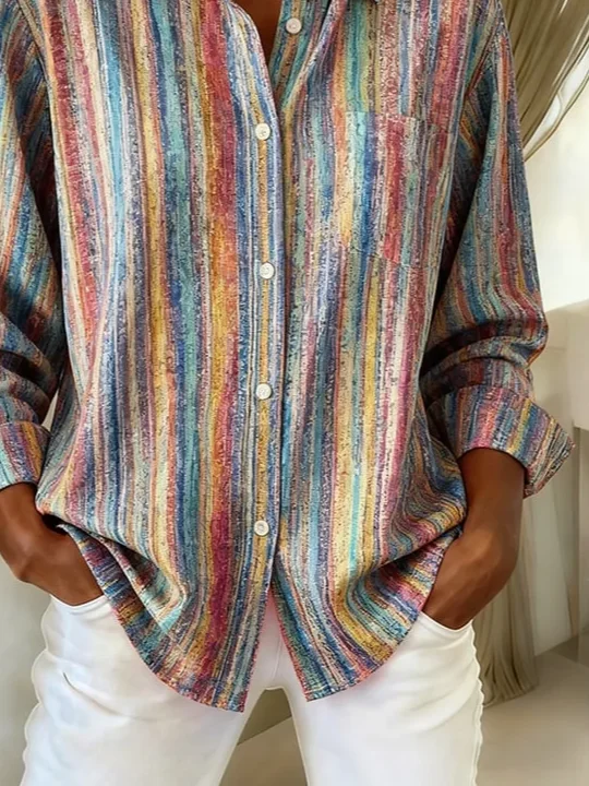 Women Striped Long Sleeve Shirt Spring/Fall Buckle Shirt Collar Regular Sleeve Daily Casual Top