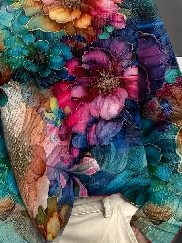 Women Floral Printing Spring/Fall Vintage Long Sleeve Turtleneck Sweater