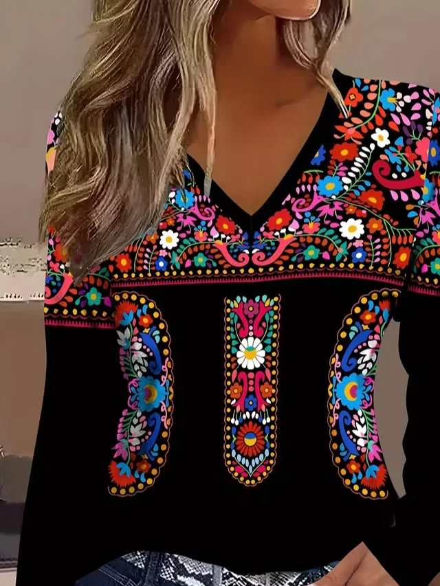 Women Floral Long Sleeve Tee T-shirt V Neck Printing Casual Spring/Fall Graphic Tee Top