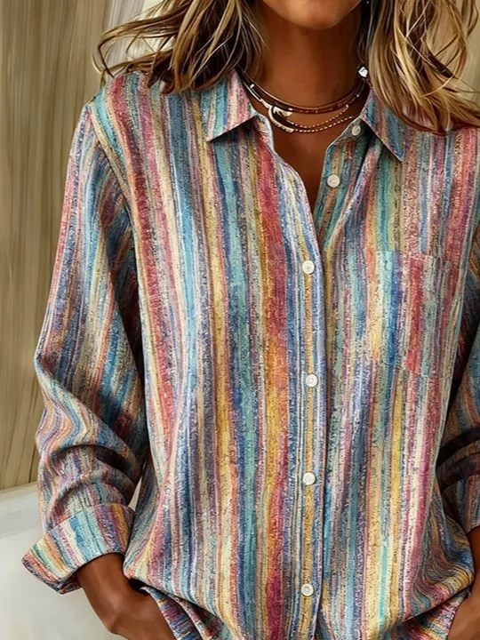 Women Striped Long Sleeve Shirt Spring/Fall Buckle Shirt Collar Regular Sleeve Daily Casual Top