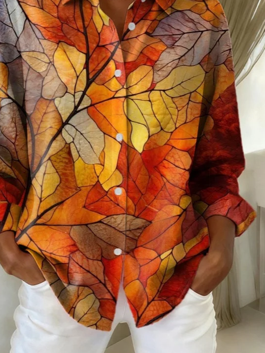 Women Maple Leaf Long Sleeve Shirt Spring/Fall Buckle Shirt Collar Regular Sleeve Daily Casual Top