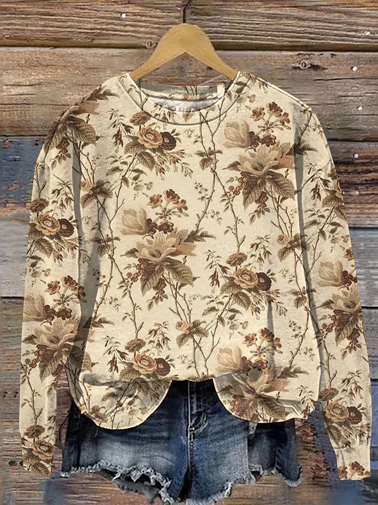 Women Floral Crew Neck Printing Casual Spring/Fall Long Sleeve Sweatshirt