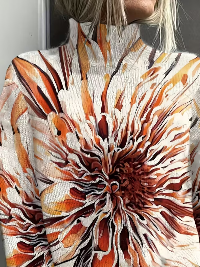 Women Abstract Printing Spring/Fall Vintage Long Sleeve Turtleneck Sweater