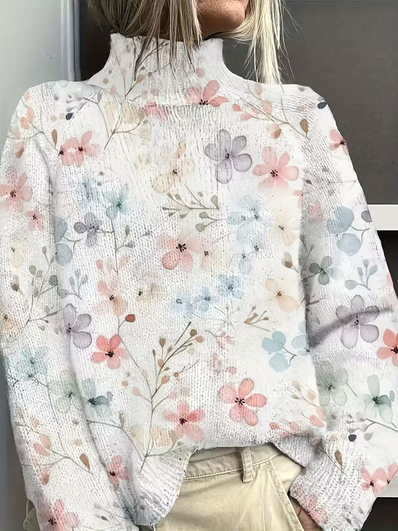 Women Floral Printing Spring/Fall Vintage Long Sleeve Turtleneck Sweater