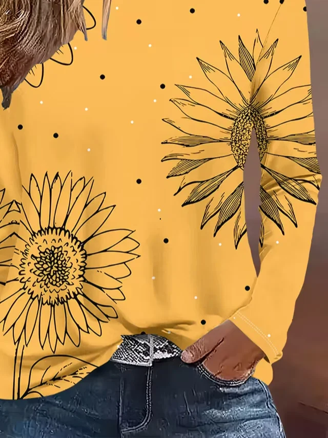 Women Sunflower Long Sleeve Tee T-shirt Crew Neck Printing Casual Spring/Fall Graphic Tee Top