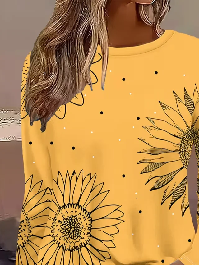 Women Sunflower Long Sleeve Tee T-shirt Crew Neck Printing Casual Spring/Fall Graphic Tee Top