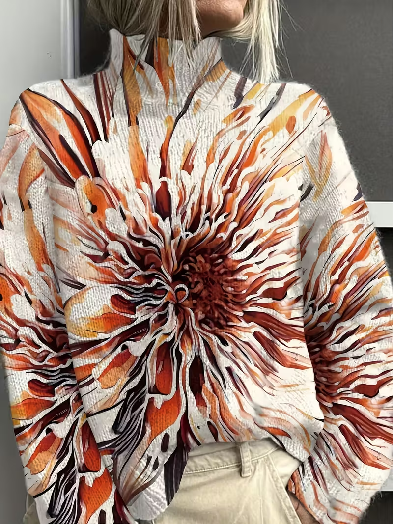 Women Abstract Printing Spring/Fall Vintage Long Sleeve Turtleneck Sweater