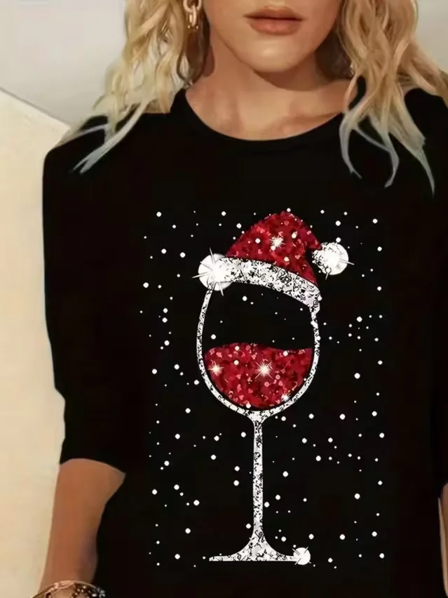 Women Christmas Long Sleeve Tee T-shirt Crew Neck Printing Casual Spring/Fall Graphic Tee Top
