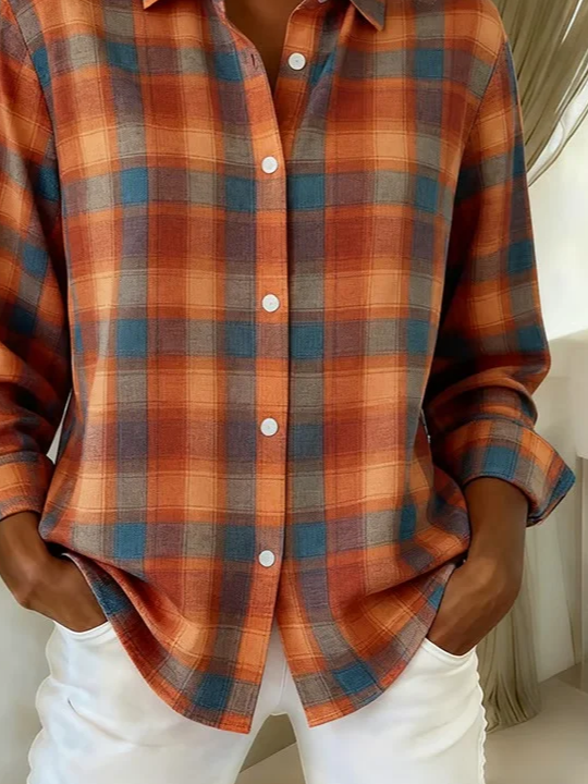 Women Plaid Long Sleeve Shirt Spring/Fall Buckle Shirt Collar Regular Sleeve Daily Casual Top