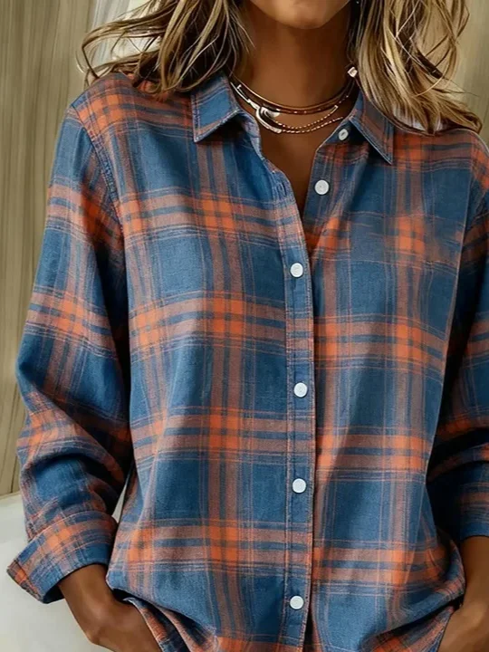 Women Plaid Long Sleeve Shirt Spring/Fall Buckle Shirt Collar Regular Sleeve Daily Casual Top