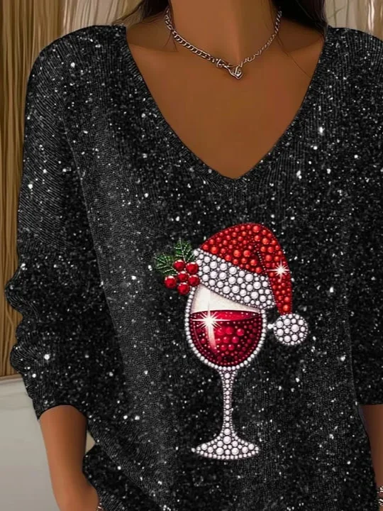 Women Christmas Long Sleeve Tee T-shirt V Neck Printing Casual Spring/Fall Top