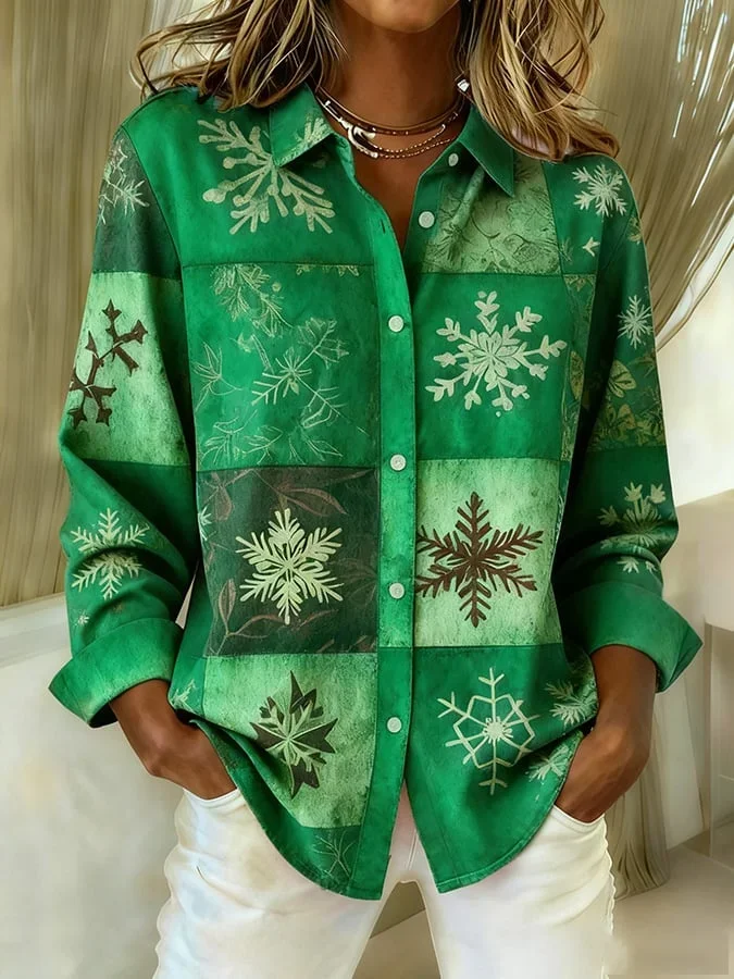 Women Christmas Long Sleeve Shirt Spring/Fall Buckle Shirt Collar Regular Sleeve Daily Casual Top