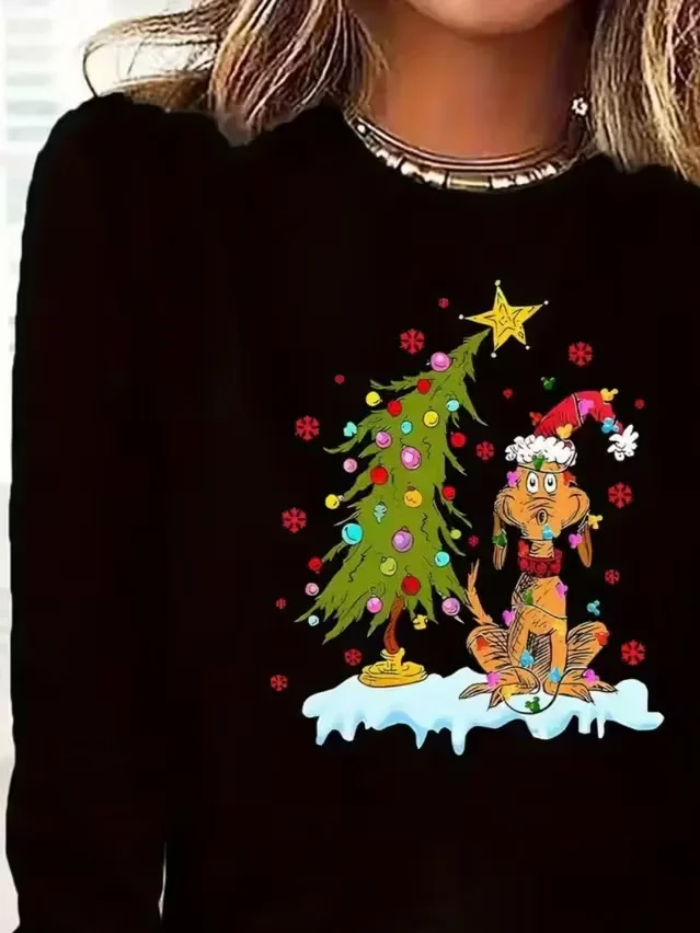 Women Christmas Long Sleeve Tee T-shirt Crew Neck Printing Casual Spring/Fall Graphic Tee Top