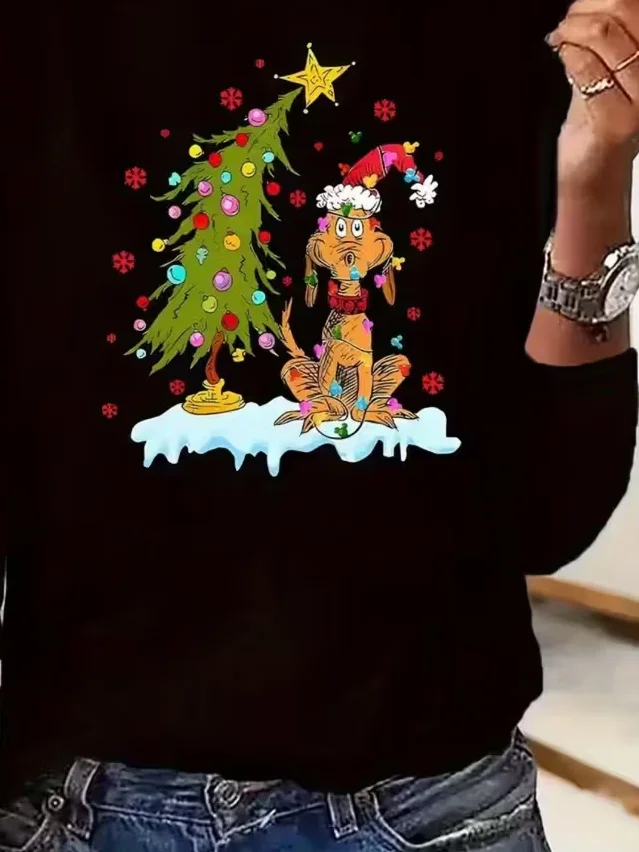 Women Christmas Long Sleeve Tee T-shirt Crew Neck Printing Casual Spring/Fall Graphic Tee Top