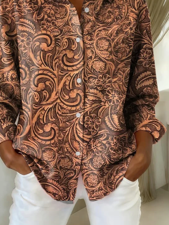 Women Floral Long Sleeve Shirt Spring/Fall Buckle Shirt Collar Regular Sleeve Daily Casual Top