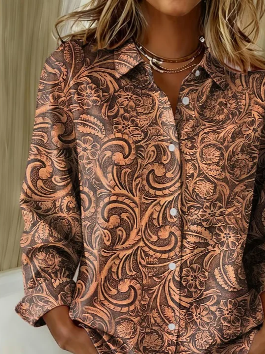 Women Floral Long Sleeve Shirt Spring/Fall Buckle Shirt Collar Regular Sleeve Daily Casual Top