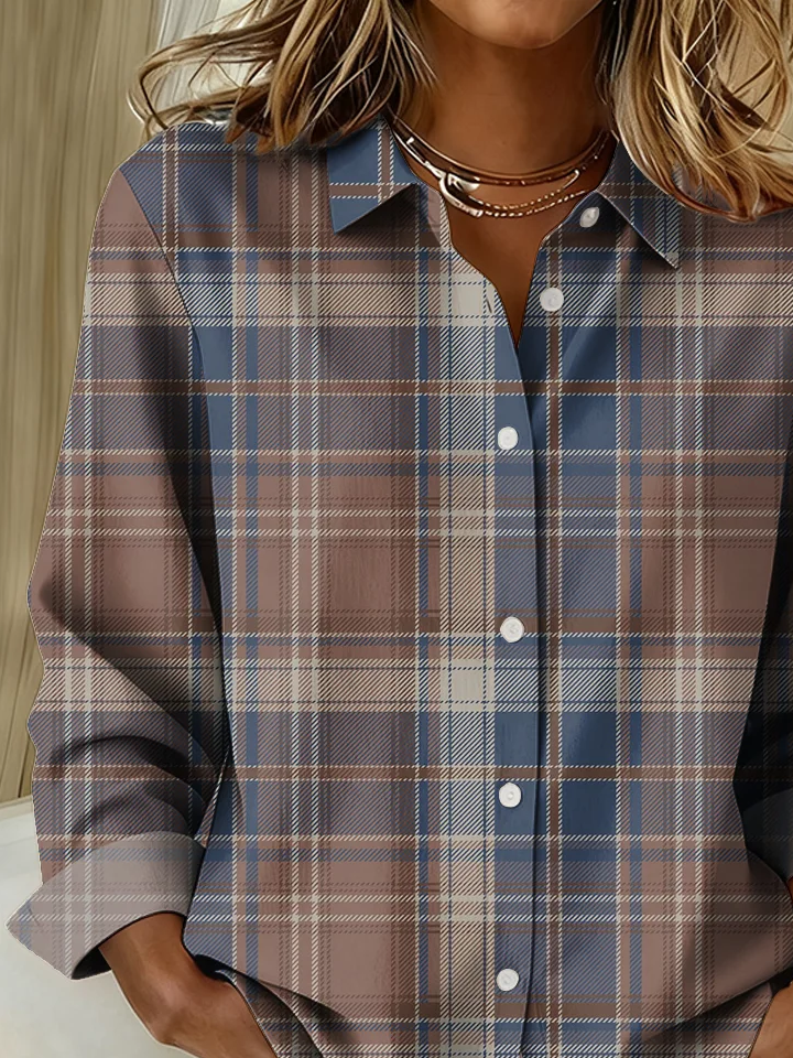 Women Plaid Long Sleeve Shirt Spring/Fall Buckle Shirt Collar Regular Sleeve Daily Casual Top