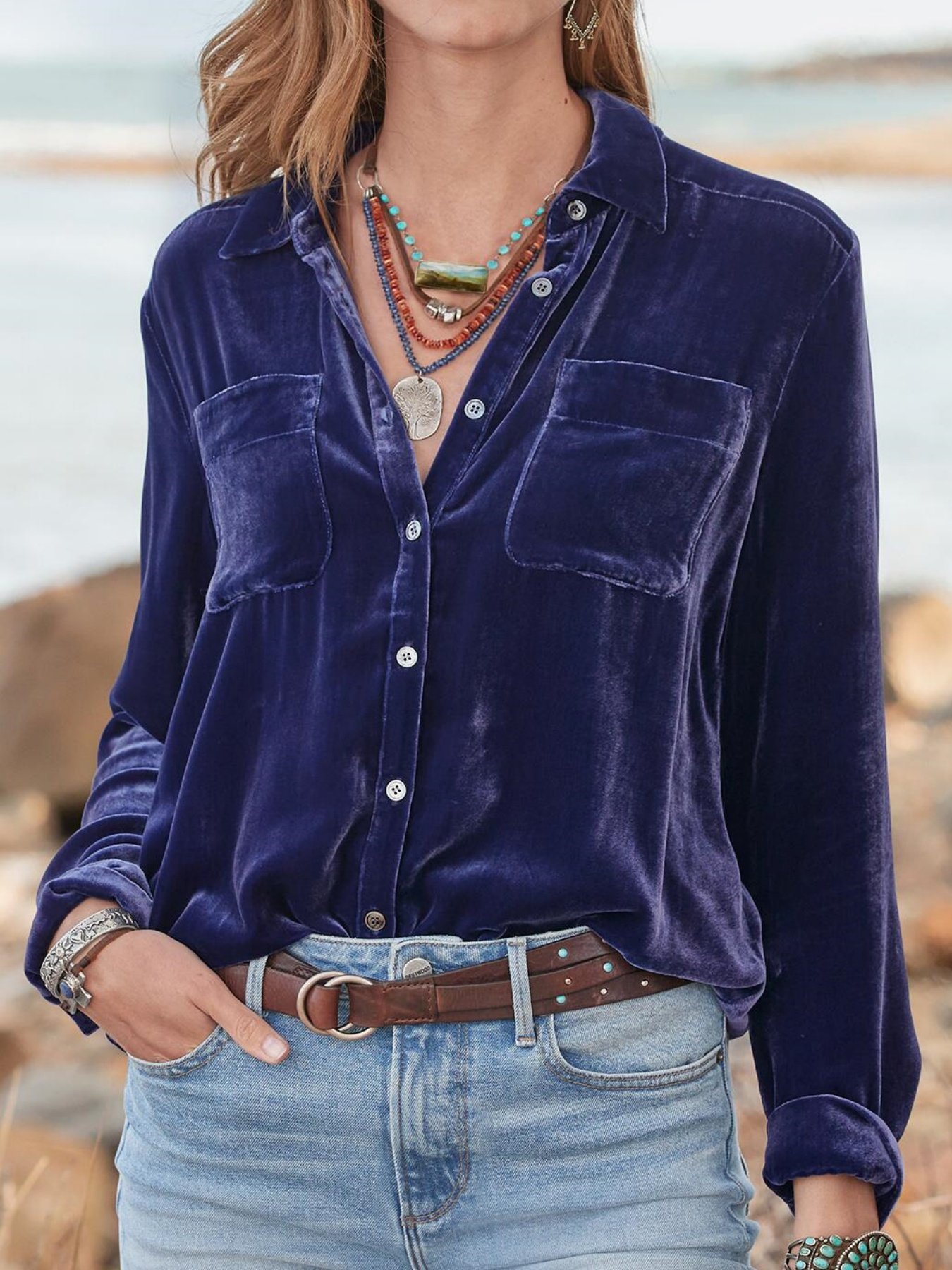 Women Plain Half Sleeve Shirt Summer Split Joint Shawl Collar Daily Vintage Top