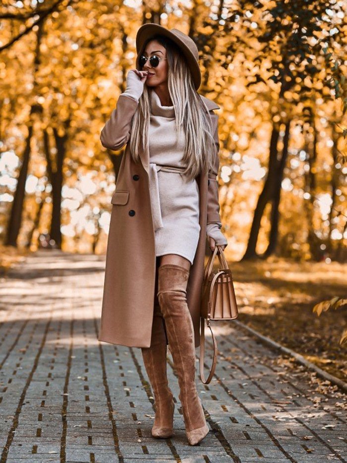 Women Plain Long Sleeve Spring/Fall Split Joint Dress Turtleneck Daily Vintage Mini Hip Skirt Bodycon Dress