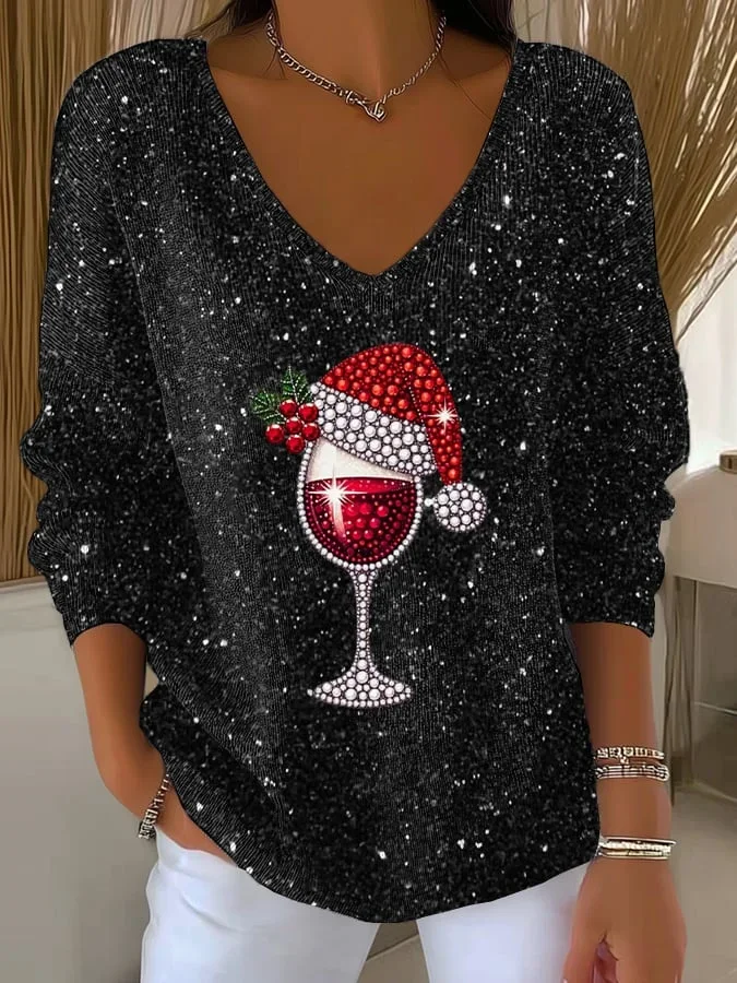 Women Christmas Long Sleeve Tee T-shirt V Neck Printing Casual Spring/Fall Top