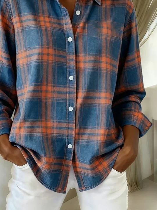Women Plaid Long Sleeve Shirt Spring/Fall Buckle Shirt Collar Regular Sleeve Daily Casual Top