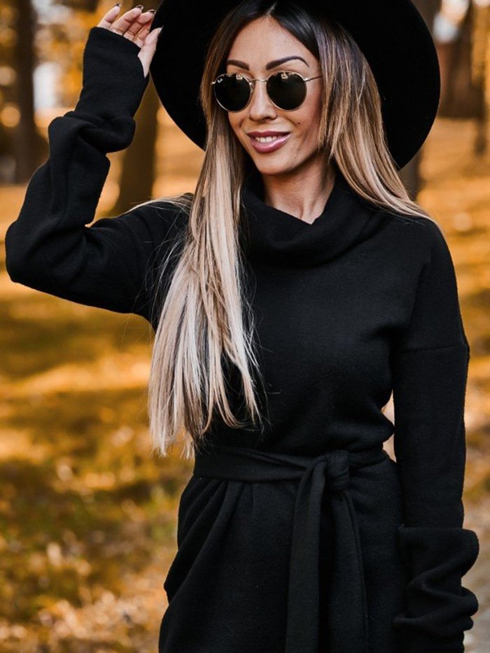 Women Plain Long Sleeve Spring/Fall Split Joint Dress Turtleneck Daily Vintage Mini Hip Skirt Bodycon Dress