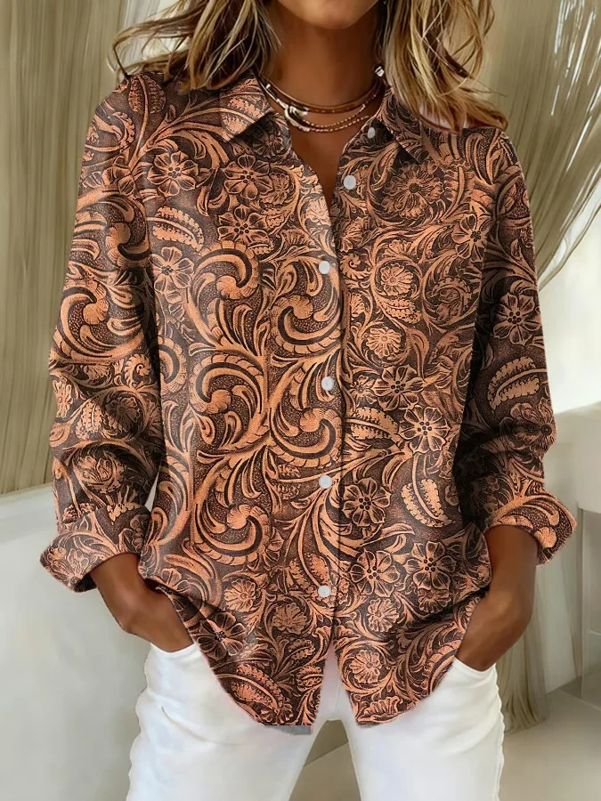 Women Floral Long Sleeve Shirt Spring/Fall Buckle Shirt Collar Regular Sleeve Daily Casual Top