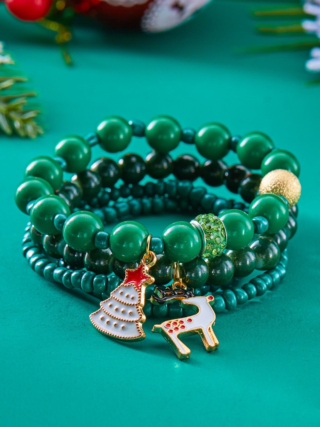New Christmas Rice Bead Bracelet Four-pack Women's Stacking Santa Claus Snowflake Bell Elk Holiday Party Bracelet
