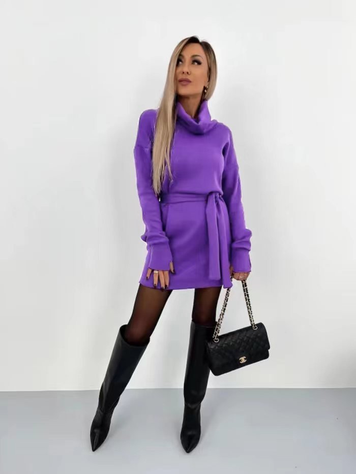 Women Plain Long Sleeve Spring/Fall Split Joint Dress Turtleneck Daily Vintage Mini Hip Skirt Bodycon Dress