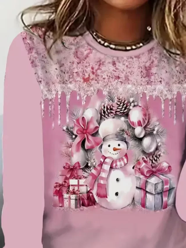 Women Christmas Snowman Long Sleeve Tee T-shirt Crew Neck Printing Casual Spring/Fall Graphic Tee Top