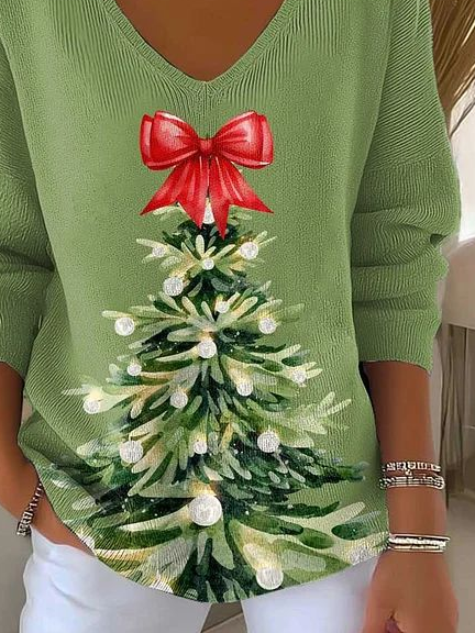 Women Christmas Long Sleeve Tee T-shirt V Neck Printing Casual Spring/Fall Top