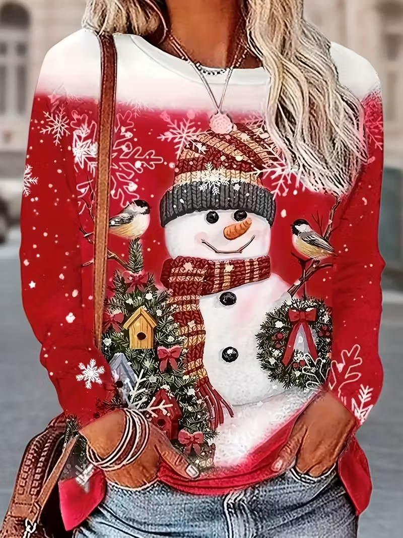 Women Christmas Snowman Long Sleeve Tee T-shirt Crew Neck Printing Casual Spring/Fall Graphic Tee Top