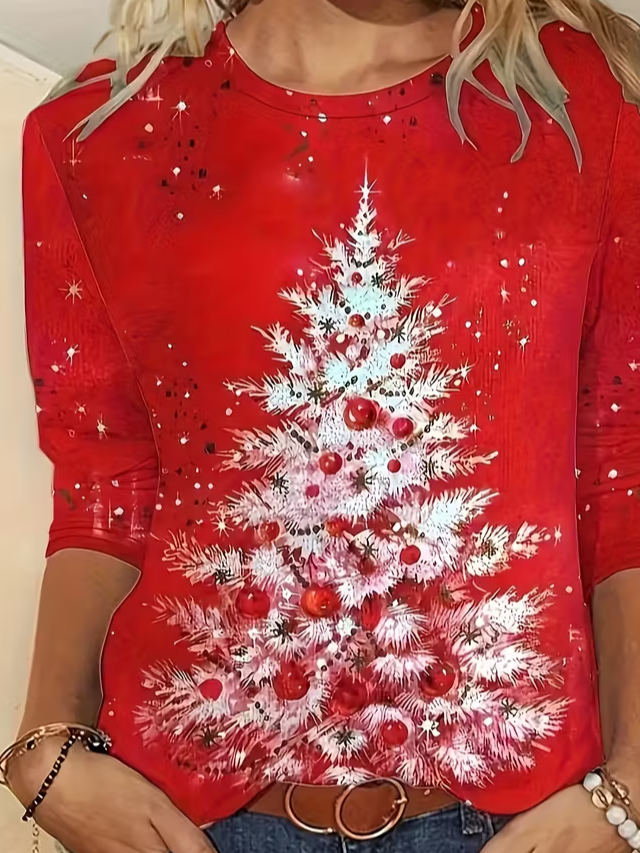 Women Christmas Long Sleeve Tee T-shirt Crew Neck Printing Casual Spring/Fall Graphic Tee Top