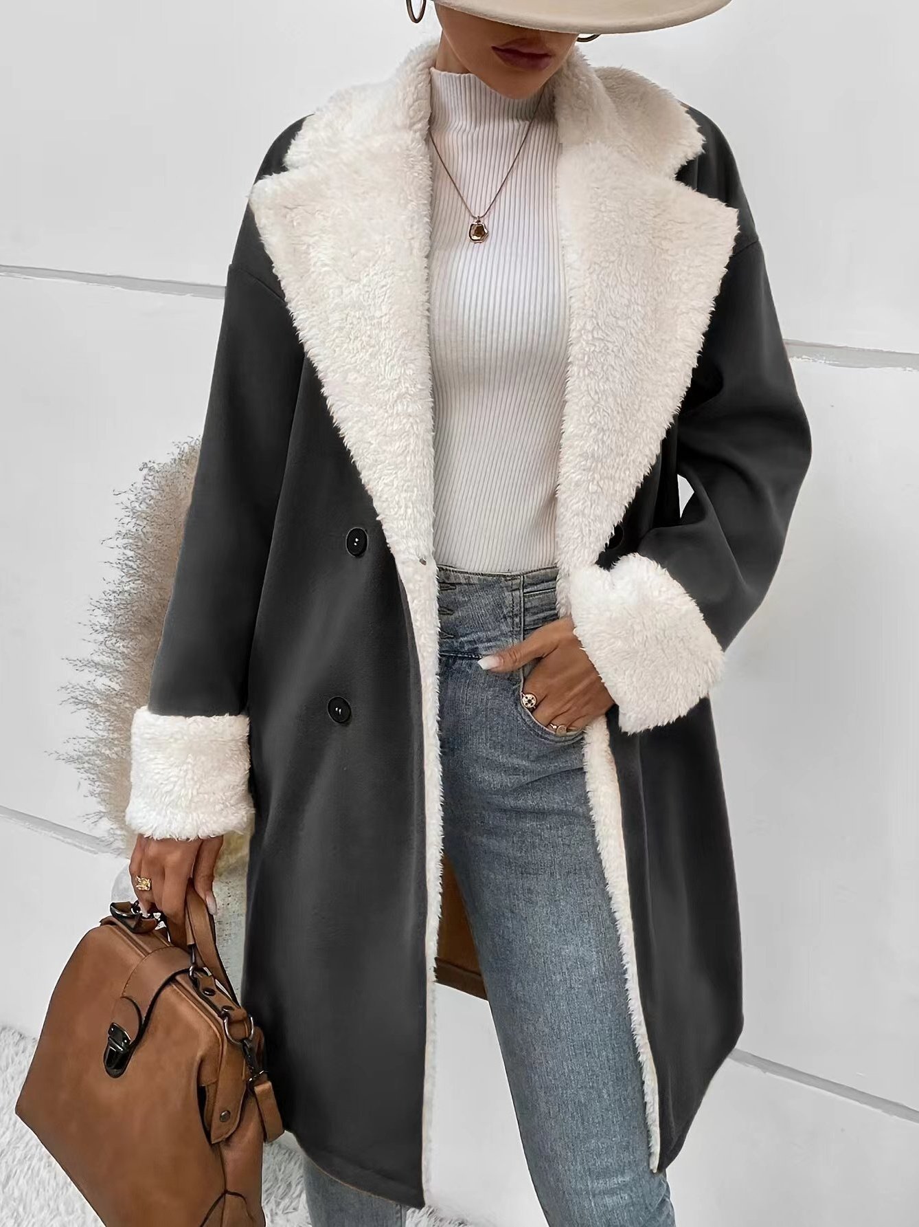 Women's Plain Winter Outerwear Casual Split Joint Mid-long Lapel Collar Overcoat