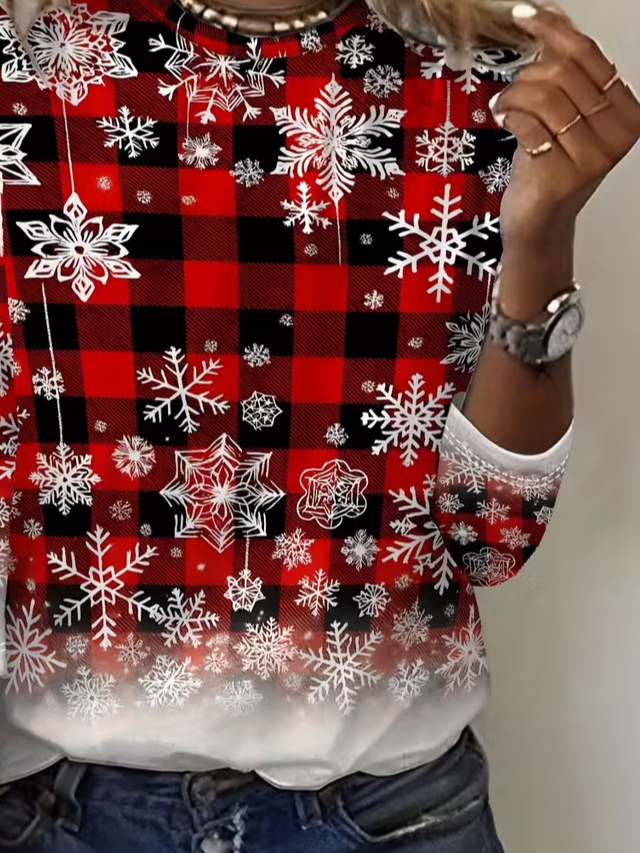 Women Plaid Long Sleeve Tee T-shirt Crew Neck Printing Casual Spring/Fall Graphic Tee Top