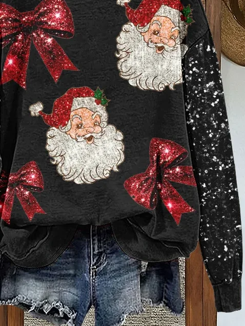 Women Santa Claus Crew Neck Printing Casual Spring/Fall Long Sleeve Sweatshirt