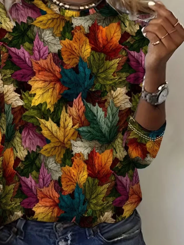 Women Maple Leaf Long Sleeve Tee T-shirt Crew Neck Printing Casual Spring/Fall Graphic Tee Top