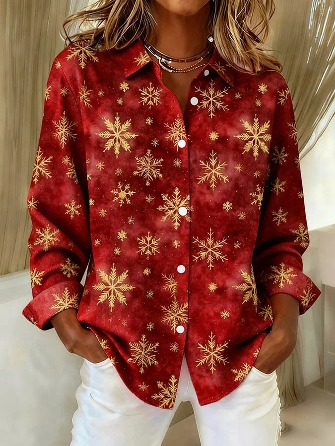 Women Christmas Long Sleeve Shirt Spring/Fall Shawl Collar Holiday Vintage Top