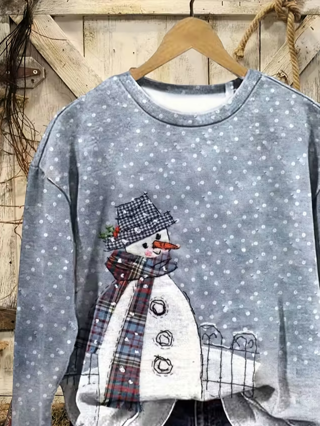 Women Christmas Snowman Crew Neck Printing Casual Spring/Fall Long Sleeve Sweatshirt